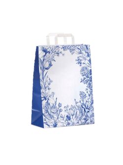 shopper in carta con decoro floreale blu su fondo bianco con soffietto laterale blu e maniglia piatta