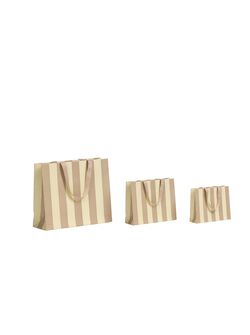 buste in carta lusso fantasia a righe beige/tortora con maniglie in grosgrain in tinta