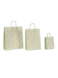 shopper carta erba riciclata al 100% con fantasia salvia verde e maniglia intrecciata