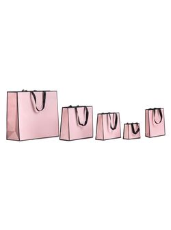 borse i carta rosa con bordi neri e manici in grosgrain in tinta