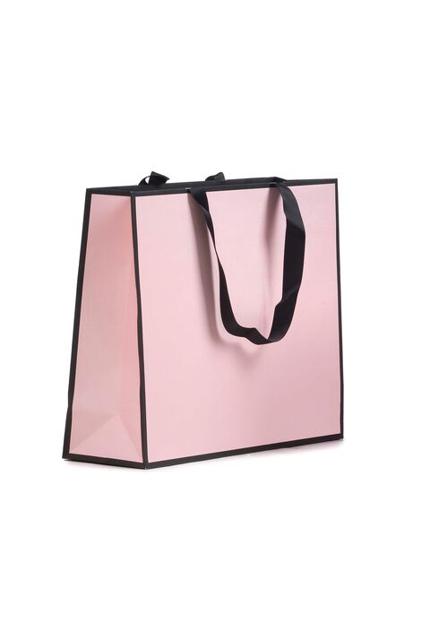shopper in carta rosa con bordatura nera e maniglia nera in grosgrain