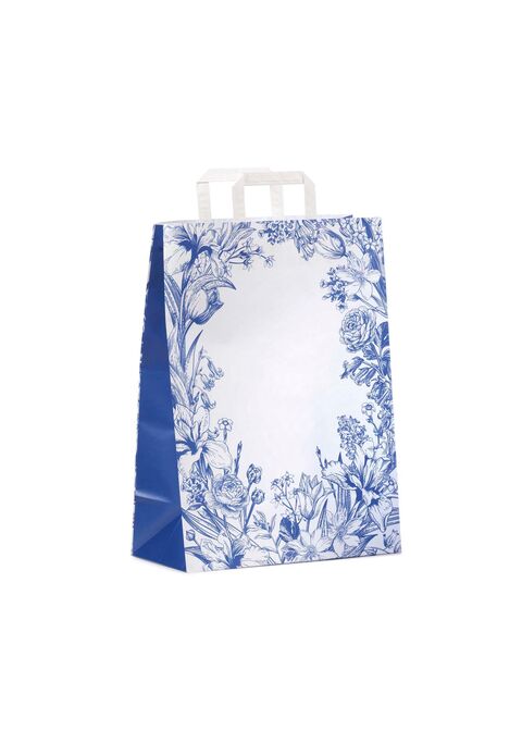 shopper in carta bianca con decoro fiori blu e soffietto laterale colorato e maniglia piatta