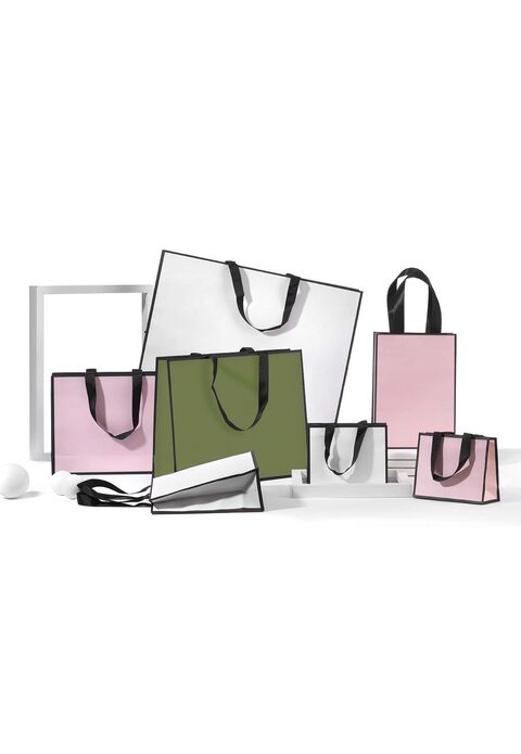 shopper in carta colorate con bordature e maniglie in grosgrain nere