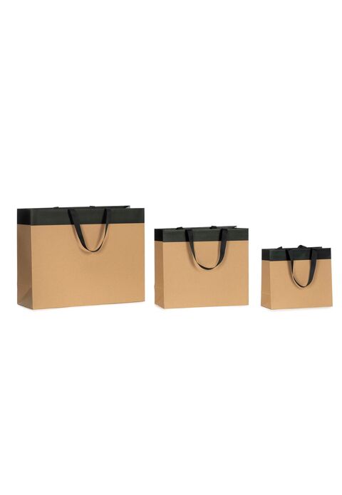 buste in carta lusso avana con striscia nera e maniglia in grosgrain nera