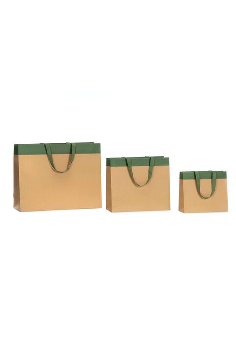 buste in carta avana con striscia verde e maniglie in grosgrain verdi