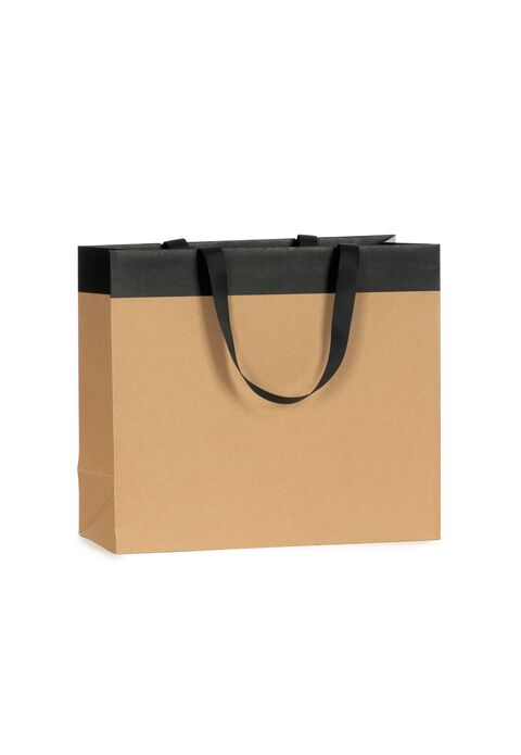 shopper in carta avana con striscia nera e maniglia in grosgrain in nero
