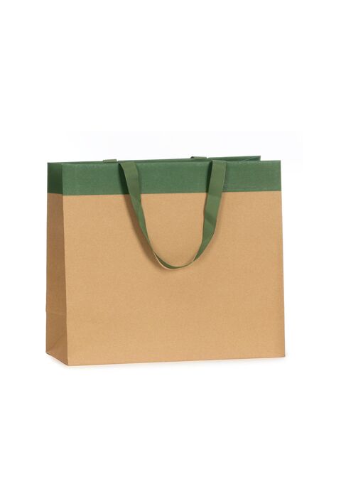 shopper in carta lusso avana con striscia verde e maniglia in grosgrain verde