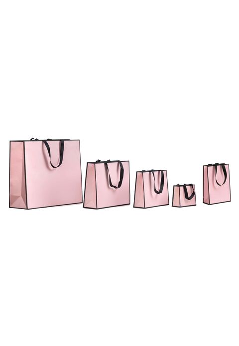 borse i carta rosa con bordi neri e manici in grosgrain in tinta
