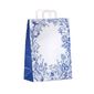 shopper in carta bianca con decoro fiori blu e soffietto laterale colorato e maniglia piatta