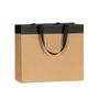 shopper in carta avana con striscia nera e maniglia in grosgrain in nero